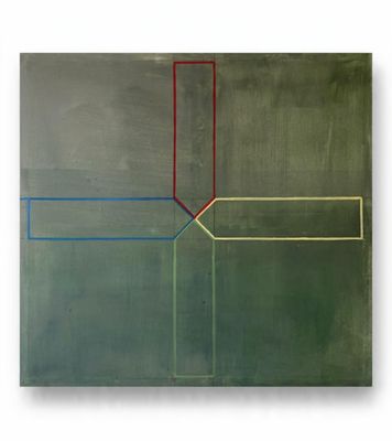 un tableau représentant un champ vert sur lequel figure une ligne rouge