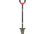 a close up of a shovel with a red handle on a white background