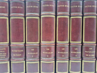 several books are lined up on a shelf in a library