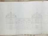 an old book with a drawing of a building on top of it