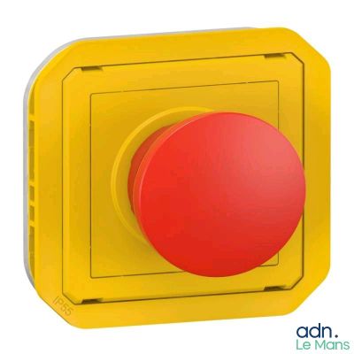 un bouton rouge sur un bouton jaune, sur fond blanc