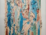 painting of a group of people with umbrellas in a room