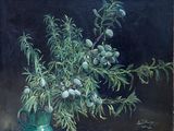 un tableau représentant un bouquet de fruits dans un vase vert