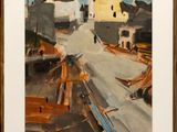 an image of a painting of boats in a harbor with buildings in the background