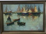 a painting of boats in the water with a man standing on one of them