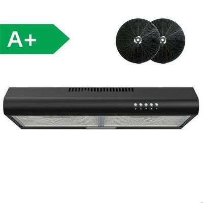 a black range hood with two exhaust fans and a green arrow