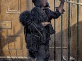 a painting of a man standing in front of a gate