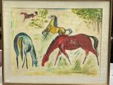 un tableau représentant trois chevaux paissant dans un champ