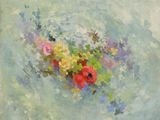 une peinture à l'huile représentant des fleurs dans un bol posé sur une table