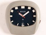 a white clock with a blue face and red hands