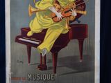an old poster of a woman playing a musical instrument on a piano