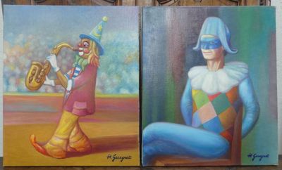 deux tableaux représentant des clowns jouant d'un instrument dans une pièce