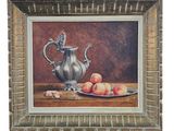 an oil painting of a silver pitcher and peaches on a table