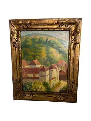 an oil painting of a village on a hill with hills in the background