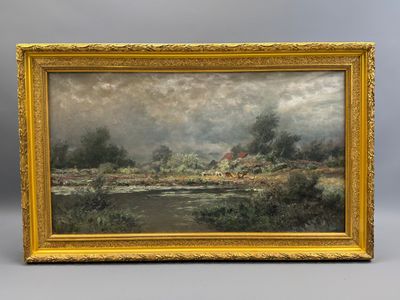 une peinture d'un paysage avec une rivière au premier plan