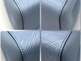 four pictures of a close up of a blue purse with a zipper