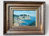 an oil painting of a beach scene with a boat in the water