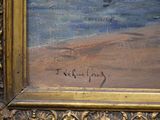 an oil painting of a beach scene with a sailboat in the distance