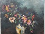 a painting of flowers in a vase on a table
