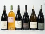 des bouteilles de vin sont alignées sur une surface blanche