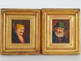 two paintings of old men with hats and beards in gold frames