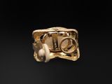 a close up of a gold ring with a pearl in it