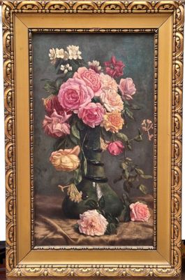 painting of roses in a vase on a table with a gold frame