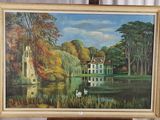 un tableau représentant une maison au bord de l'eau, avec des cygnes dessus