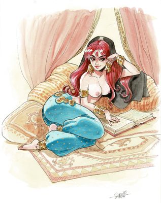 une illustration représentant une femme en pantalon bleu, assise sur un lit avec un livre