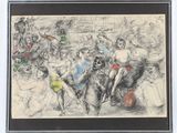 drawing of a group of people riding on horses in a room
