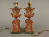 pair of red and green marbled lamps with gold accents