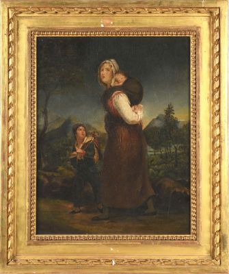 une peinture ancienne représentant une femme tenant un enfant dans ses bras