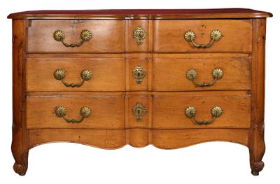 an image of a wooden dresser with brass handles and drawers