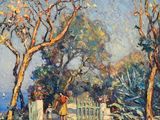 an image of a painting of people walking down a path by the water
