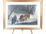 a picture of a painting of cattle in the snow