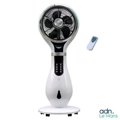 un ventilateur blanc et noir équipé d'une télécommande