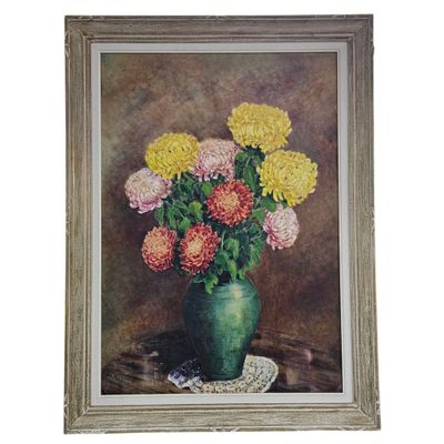 une peinture à l'huile représentant un vase de fleurs sur une table
