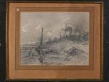 un vieux dessin représentant un bateau sur une plage, avec un château en arrière-plan