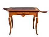 a small wooden table with a drawer on it