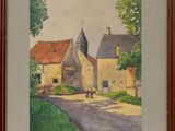 l'image d'un tableau représentant un village avec une église à l'arrière-plan