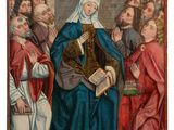 an image of a painting of a woman in a blue robe surrounded by other people