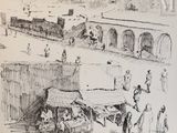 dessin représentant un groupe de personnes dans un village, avec un train en arrière-plan
