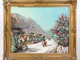 an image of a painting of a woman walking down a road