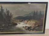 une peinture représentant une rivière avec des rochers et des arbres en arrière-plan
