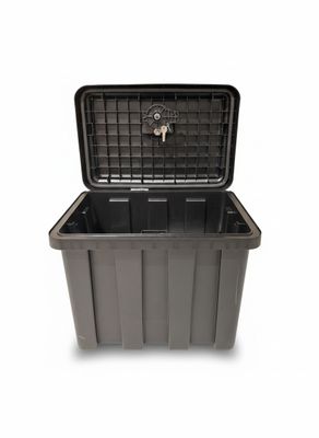 a black plastic storage box with a lock on the lid
