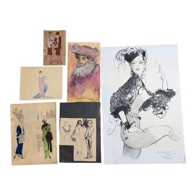 several drawings of women in dresses and hats are displayed on a table