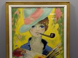 tableau représentant une femme coiffée d'un chapeau, une pipe à la bouche