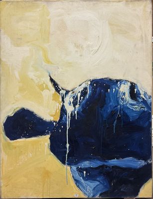 une peinture à l'huile représentant un poisson bleu sur fond jaune