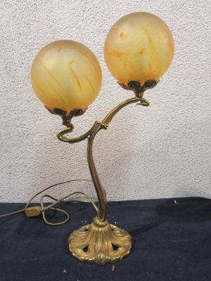 pair of art deco table lamps with marbled glass shades