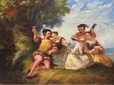 painting of a group of people playing instruments in a wooded setting